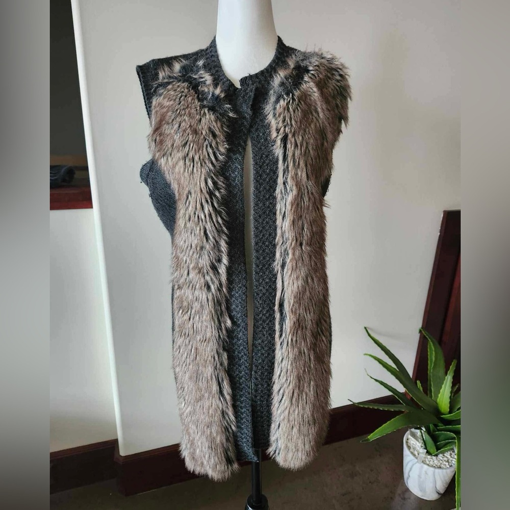 Tribal brand Long vintage faux fur vest open  with grey knit back, gently used